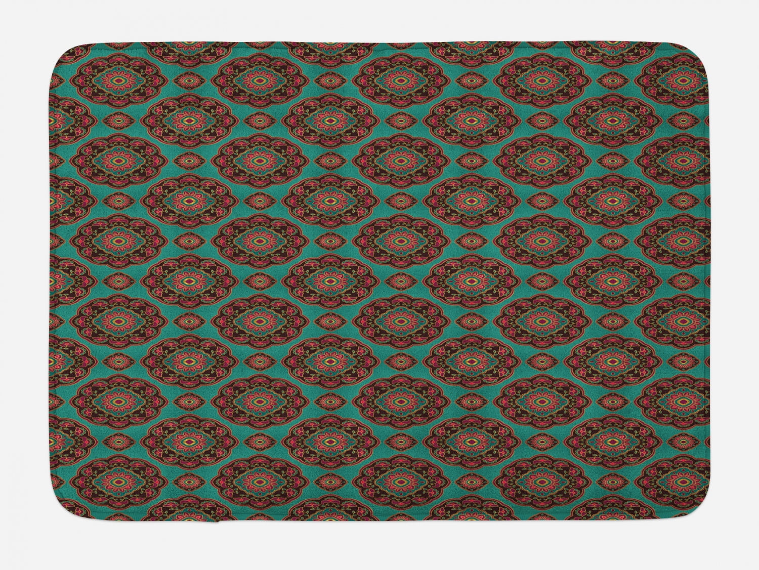 Oriental Bath Mat, Pattern with Floral Mandala Motifs Eastern Asian