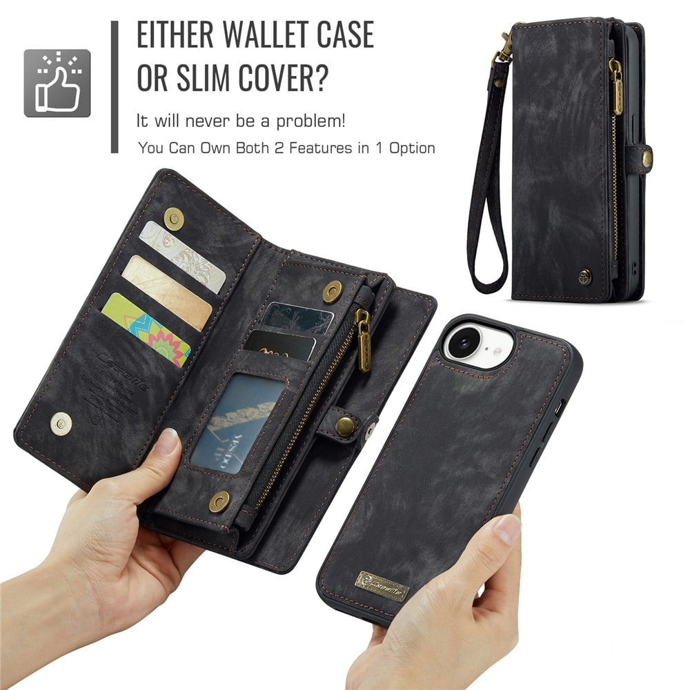 CaseMe Leather Case for iPhone 16e,2 in 1 Detachable Wallet Case with 8-Card Holder Zipper Bills Slot,Magnetic Shockproof Flip Leather Cover Zipper Pocket Phone Cases,Black,For iPhone 16e