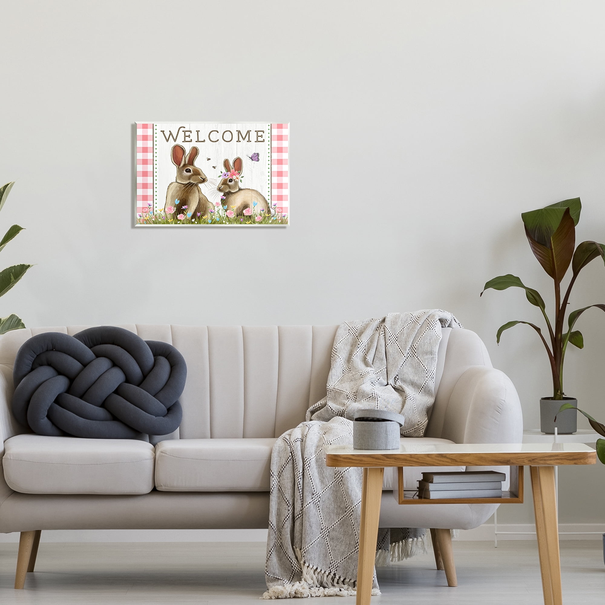 Stupell Welcome Plaid Spring Garden Rabbits Holiday Painting Wall Plaque Unframed Art Print Wall Art