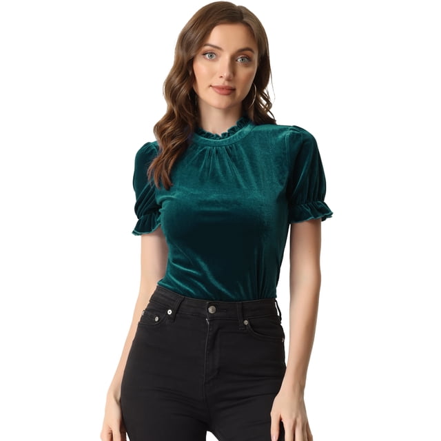 Camisa con cuello de volantes para mujer Blusa de terciopelo de manga corta Azul verde S