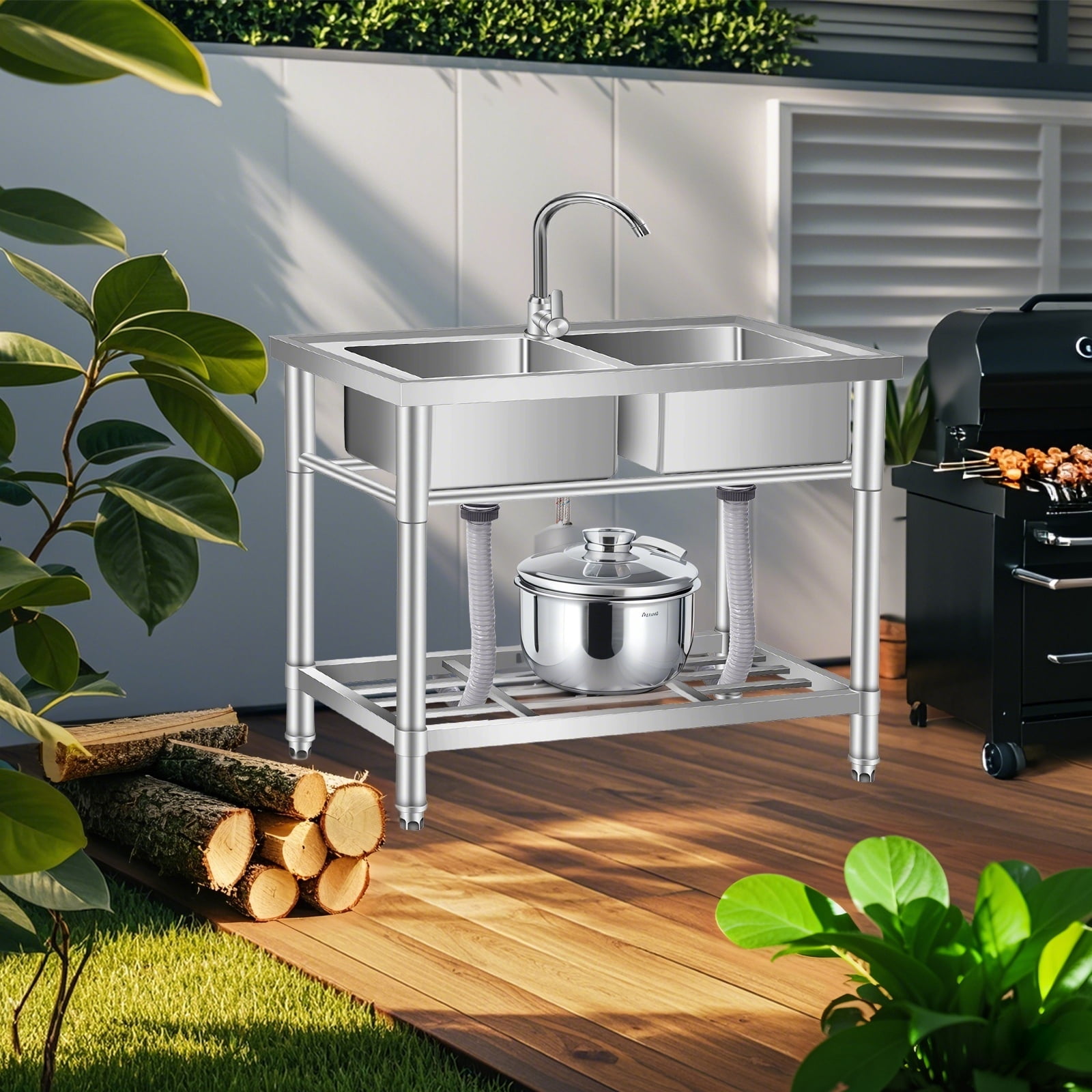 Stainless Steel Utility Sink, with Faucet, Legs, Cold and Hot Water Pipe, Heavy-Duty, Easy to Clean, for Laundry, Kitchen, Garage, Outdoor, Garden