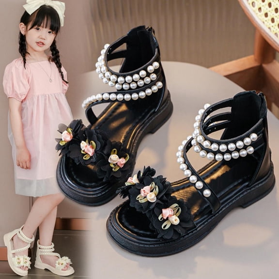 Girls Sandals with Pearl Flower, Open-Toe Closed-Heel Summer Shoes, Soft Sole Cute Princess Sandals for Kids