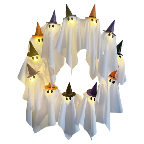 BNNG Glowing Halloween Ghost Wreath Light-Up White Garland Spooky with Witch Hat Indoor Outdoor Hanging Decoration Holiday Spooky for Indoor Outdoor Wall Window Porch Patio Farmhouse Home Party