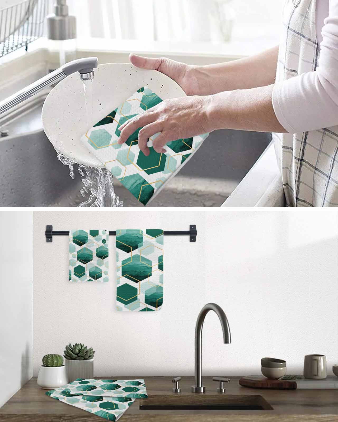 Turquoise Marble Kitchen Dish Towels for Drying Dishes Set of 2, Gold White Geometric Hexagon Modern Waffle Weave Microfiber Hand Tea Bathroom Towels Quick Dry & Absorbent Towel 15.7x23.6