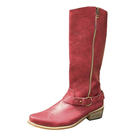 

DVKOVI Womens Cowgirl Boots Womens Wide Calf Boots Ladies Retro Round Toe Solid Color Leather Thick Sole Square Heel Zipper Mid Calf Boots Low Heel Cowboy Boots for Women Red 42