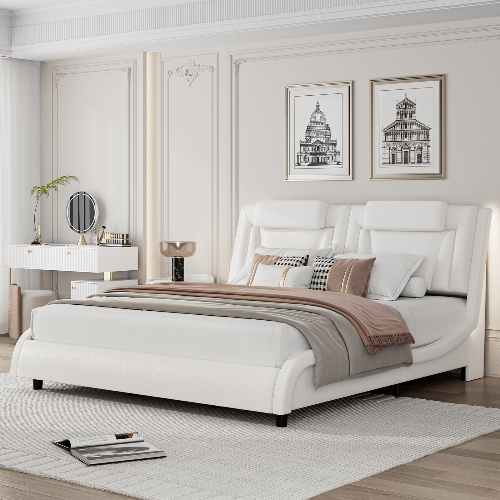 Homfa King LED Bed with Adjustable Headboard, PU Leather Upholstered