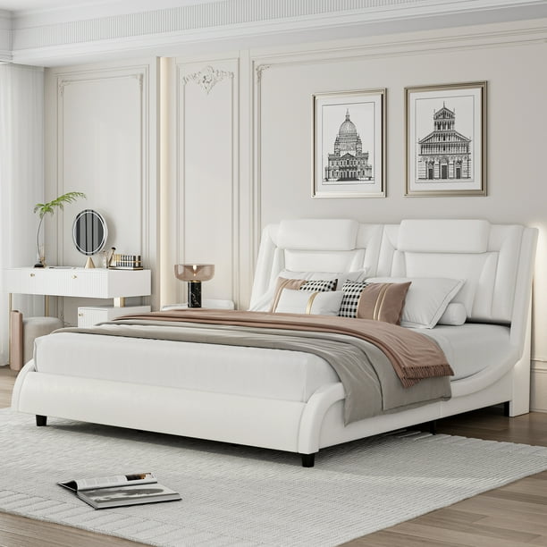 Homfa Queen Bed with Adjustable LED Headboard, PU Leather Upholstered