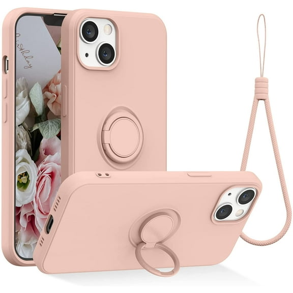 Compatible with iPhone 13 Case, Silicone with 360°Ring Kickstand Holder (Support Magnetic Car Mount) Soft Silk Microfiber Cloth Fully Coverage Designed for iPhone 13 6.1 inch 2021 (Pink)