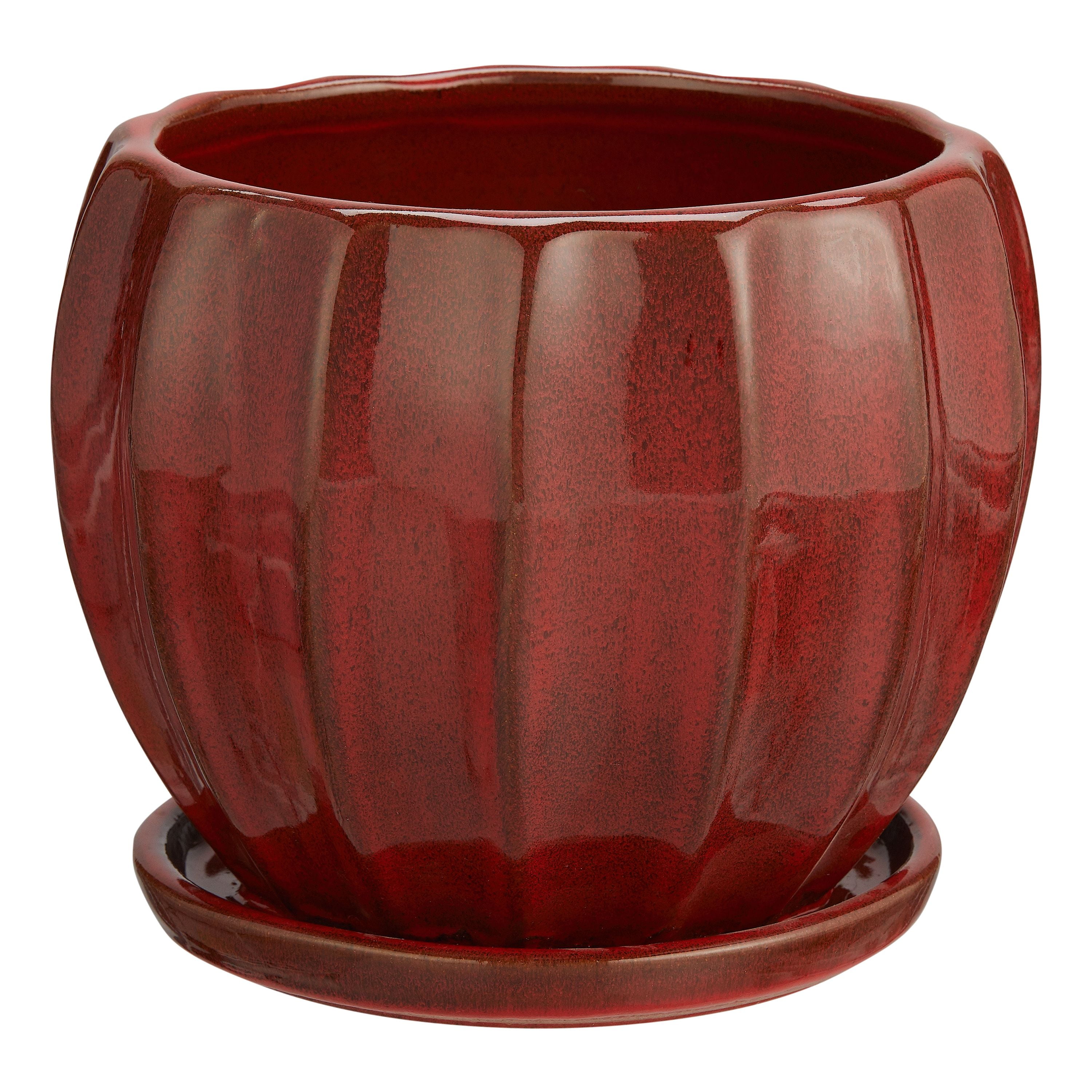 Self Watering Glazed Ceramic Pot Red  5" New 