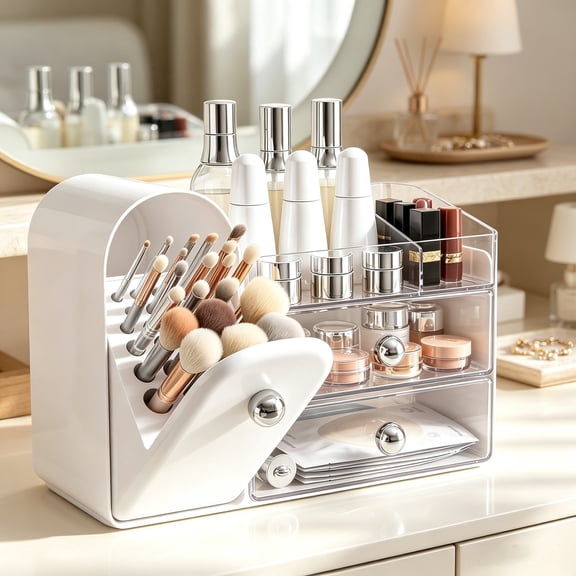 Makeup Organizer with Brush Holder, Countertop Vanity Organizer with 2 Drawers, Cosmetic Storage Organizer for Lipstick, Perfume, Skincare, White