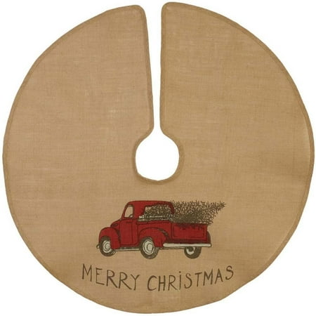 MERRY CHRISTMAS Red Pickup Truck Burlap Christmas Tree Skirt - 36