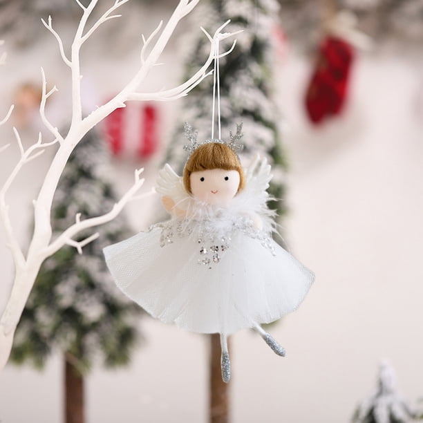 Adorno navideño de ángel niña con astas y alas | Decoración colgante para habitación infantil, dormitorio y decoración navideña | Colgante de hada de tela blanca, gris y rosa