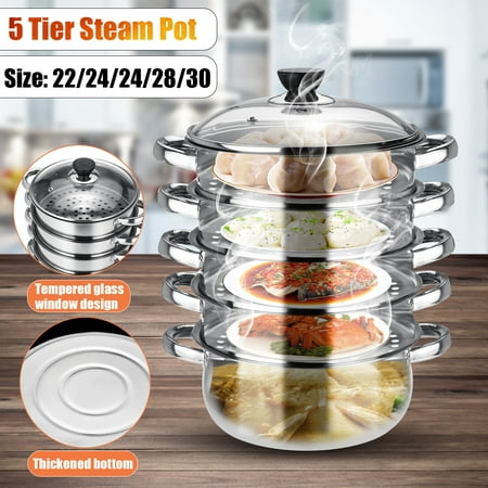 HALLOLURE 5Tier Steamer Steam Pot Stainless Steel Cookware 3 Sizes Steaming Cooking Pots w/Visible Pot Lid Cooker Steam Diversion Design For Gas furnace Induction (Best Pots And Pans For Gas Range)