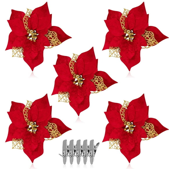 Christmas Glitter Artificial Flowers with DIY Art Crafts Wedding Clips Xmas Tree Ornaments Hollow Fake Flower Wedding Party New Year Decoration Red 5PCS