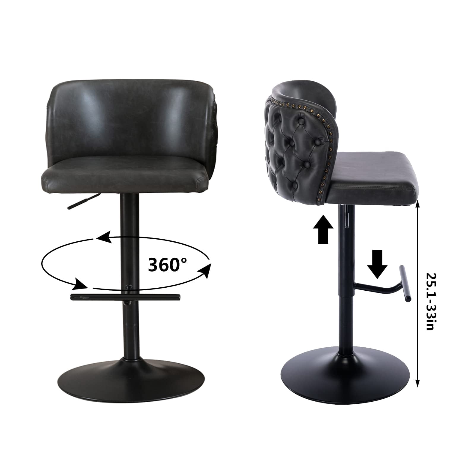 DONICK Swivel Counter Height Barstools,Upholstered Bar Stools Adjustable Height Nailhead Button Tufted Kitchen Island (PU,Dark,Set of 2)