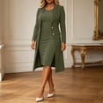 thumbnail image 2 of Business Casual Outfits for Women, 2 Piece Blazer and Dress Set, Long Sleeve Open Front Coat with Bodycon Midi Dress, 2 of 4