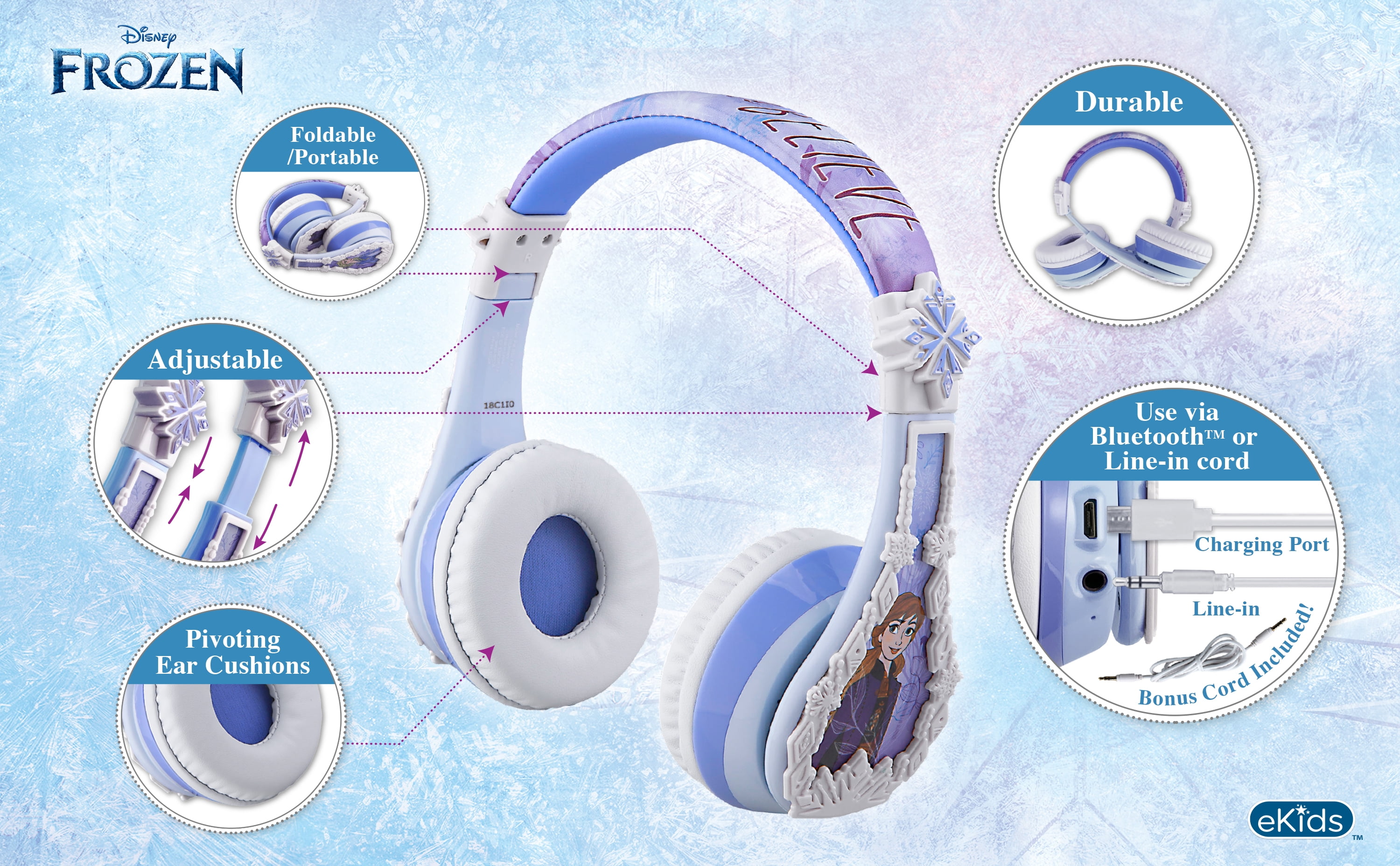 ekids Disney Frozen Kids Bluetooth Headphones, Wireless Headphones with Microphone Includes Aux Cord