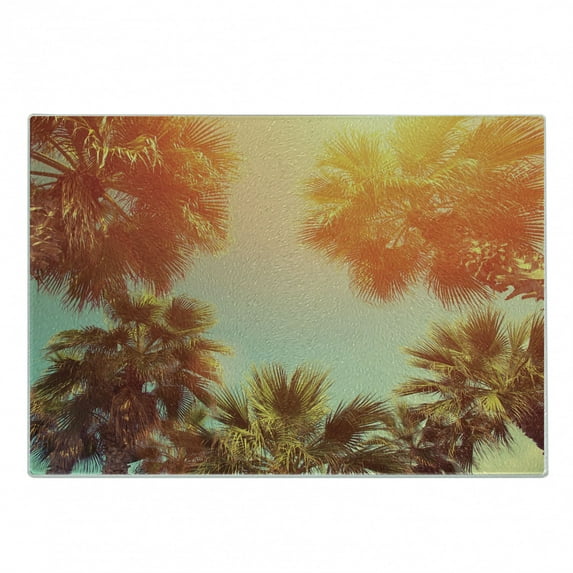 Palm Tree Cutting Board, Trees in Sunlights Tranquility in Tropical Nature Landscape at Summer Theme, Decorative Tempered Glass Cutting and Serving Board, Small Size, Orange Green, by Ambesonne