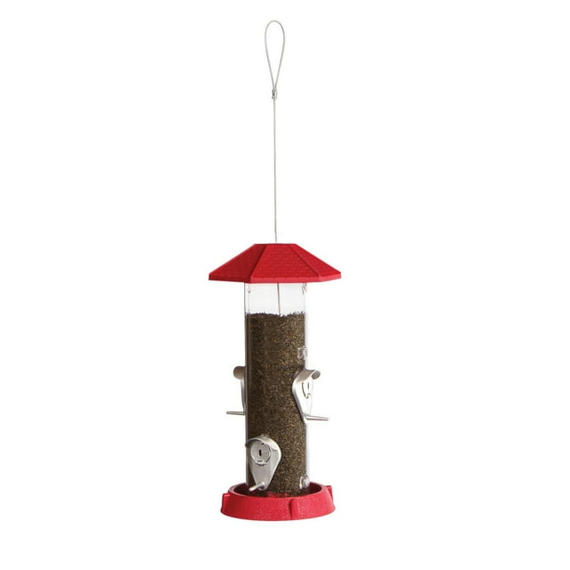 North States 2-in-1 Hinged-Port birdfeeder with red roof and base, clear tube filled with seeds, and four metal perches for birds to feed.