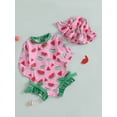 thumbnail image 5 of Toddler Baby Girl Fruit Swimsuit Strawberry/Watermelon Print Bow Ruffle Long Sleeve Swimwear Infant Newborn Rash Guard Bathing Suit, 5 of 9