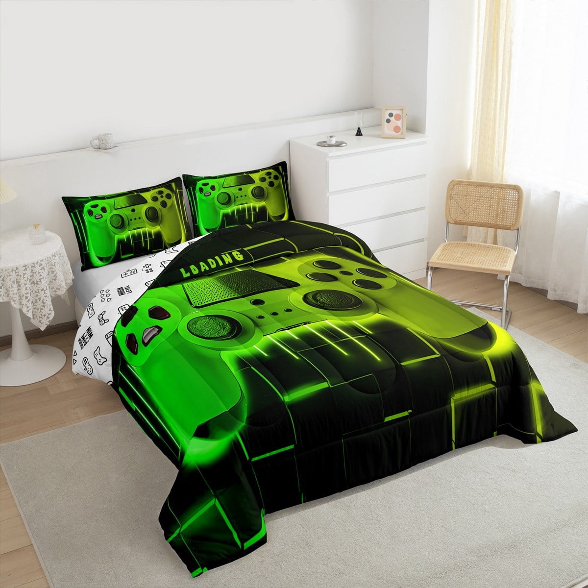 Green Yellow Gaming Full Size Comforter Sets - Gamer Comforter Full Size Bedding Set, Neon Lights Abstract Geometry Design Gamer Room Decor
