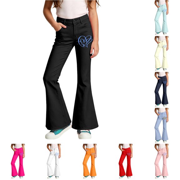 Girls School Uniform Pants Elastic High Waisted Flare Dress Pants Bell Bottoms for Cancer Awareness Month Campaign 9-10 Years