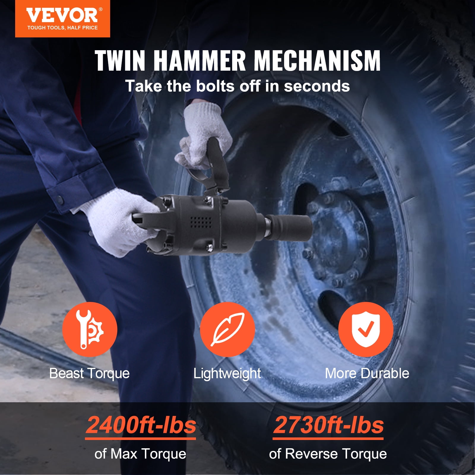 VEVOR 1 Inch Air Impact Wrench, Up to 2730 ft-lbs Reverse Torque Output 1" Pneumatic Impact Gun Lightweight w/ 2 Handles for Heavy Duty Repairs&nbsp;and&nbsp;Maintenance