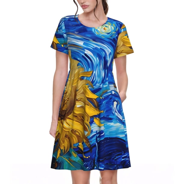 Easygdp Whimsical Sunflowers Night Sky para Vestido Transpirable de Mujer, Vestido Suelto de Manga Corta con Pliegues y Bolsillos para el Verano