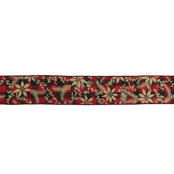 Northlight Red and Black Plaid Christmas Wired Craft Ribbon with Gold Poinsettias 2.5" x 16 Yards