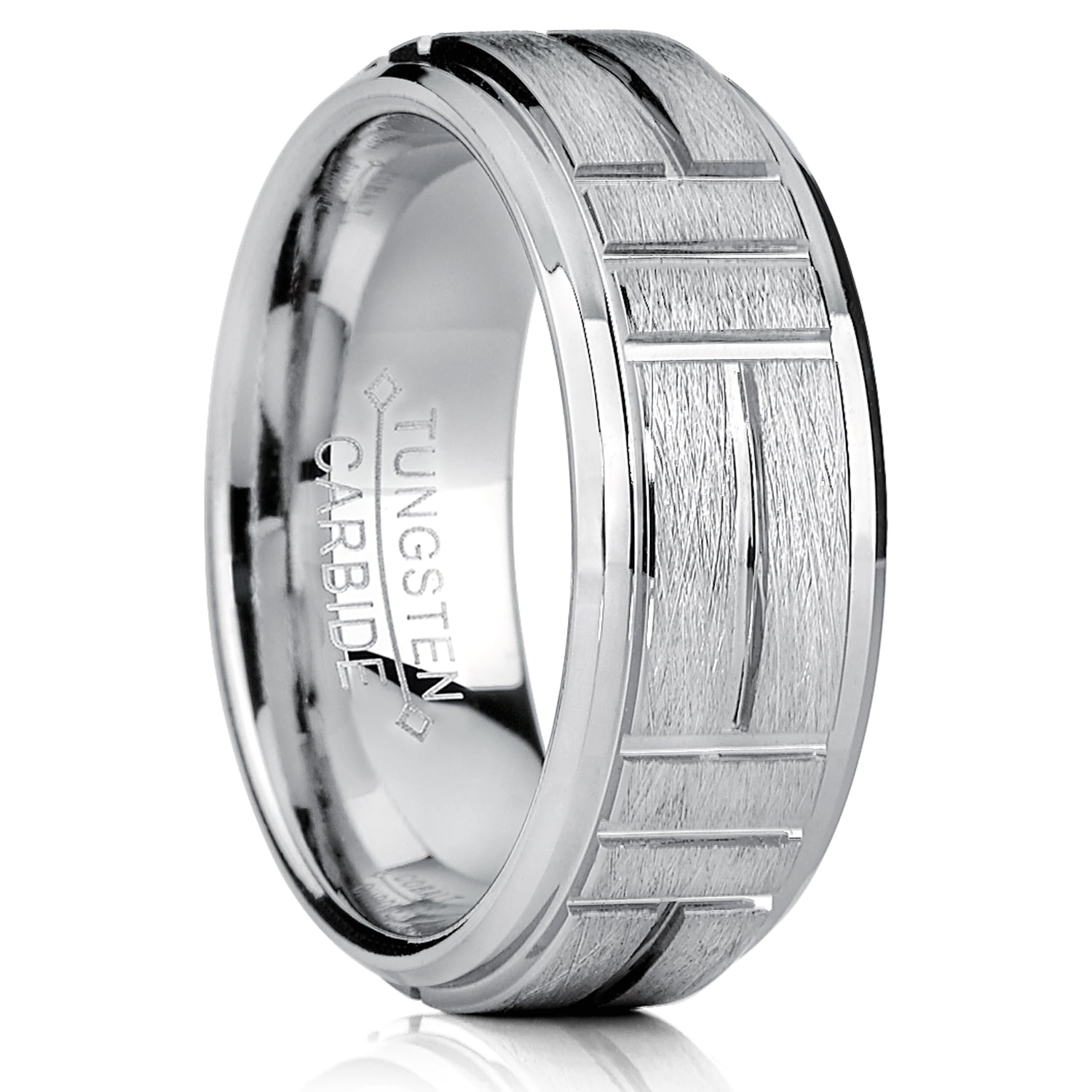 Mens 8mm Beveled Edge Wedding Band Double Grooved Brushed Center Comfort Fit Tungsten Carbide Anniversary Ring 