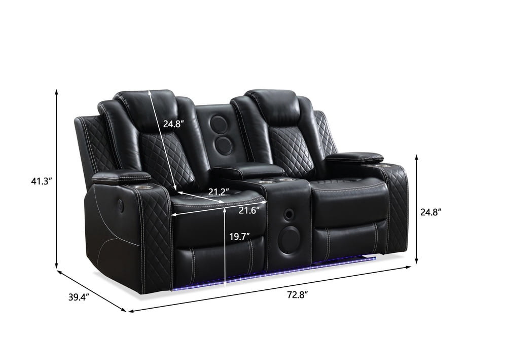 Gewnee 2-Seat Technical Leather Power Reclining Loveseat with LED Strip, Bluetooth Speakers, USB Charging, Cup Holders and Storage, Black