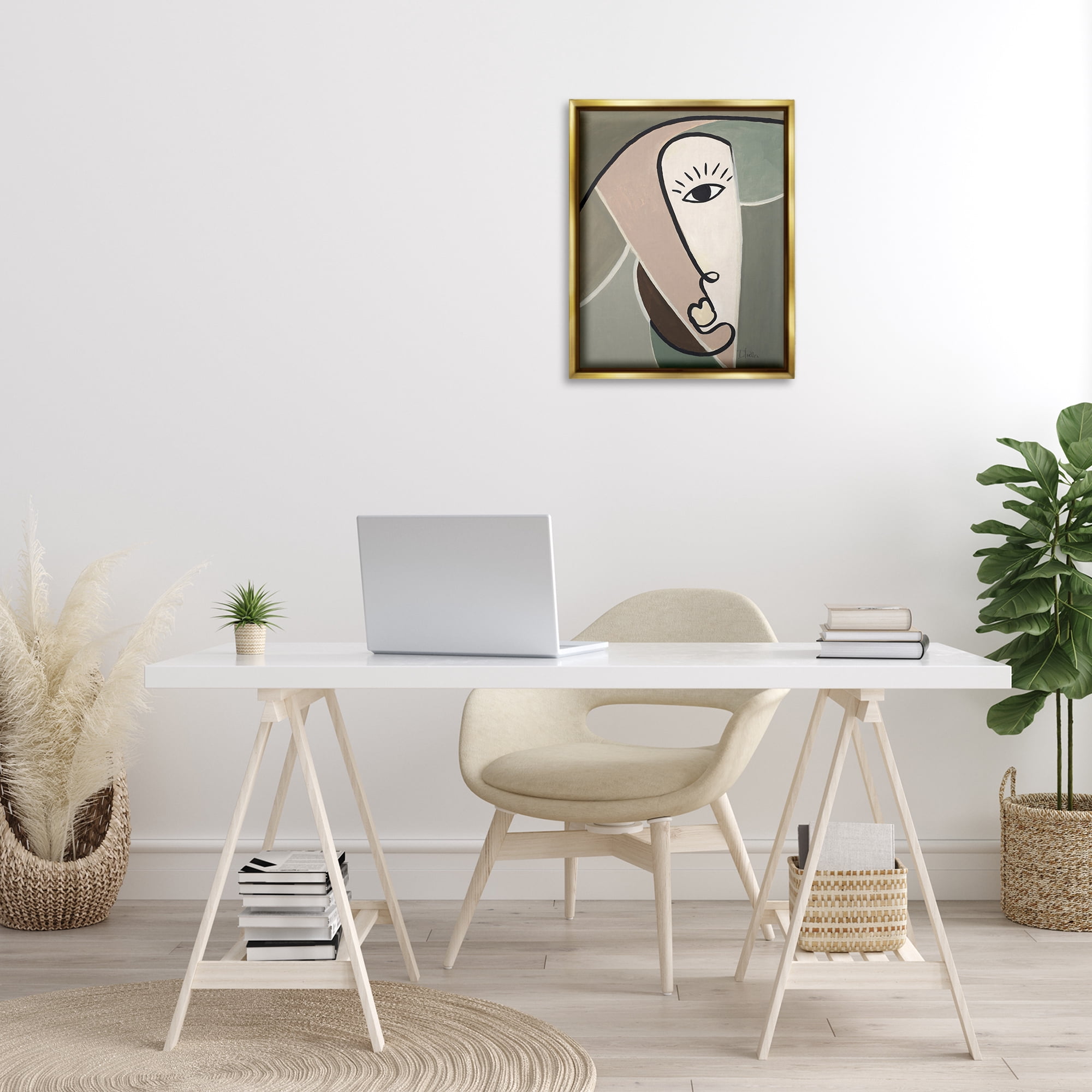 Stupell Industries Boho Cubism Face Abstract Painting Gold Floater Framed Canvas Art Print Wall Art, 17 x 21