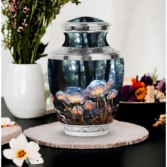 Decorative Silver Cremation Urn with Floral Artwork, personalized Artistic Funeral Urn, Memorial Tribute Urn, 10" and 3" Urn for Human Ashes