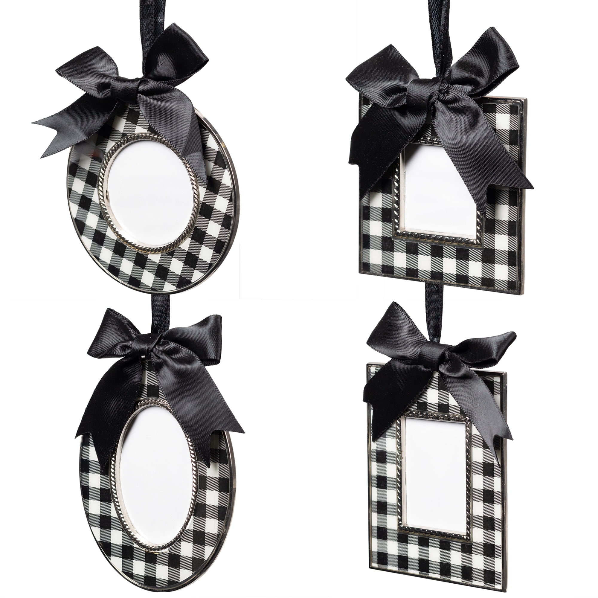 Buffalo Plaid Photo Frame Christmas Ornaments with Bows - 3.5" - Set of 4