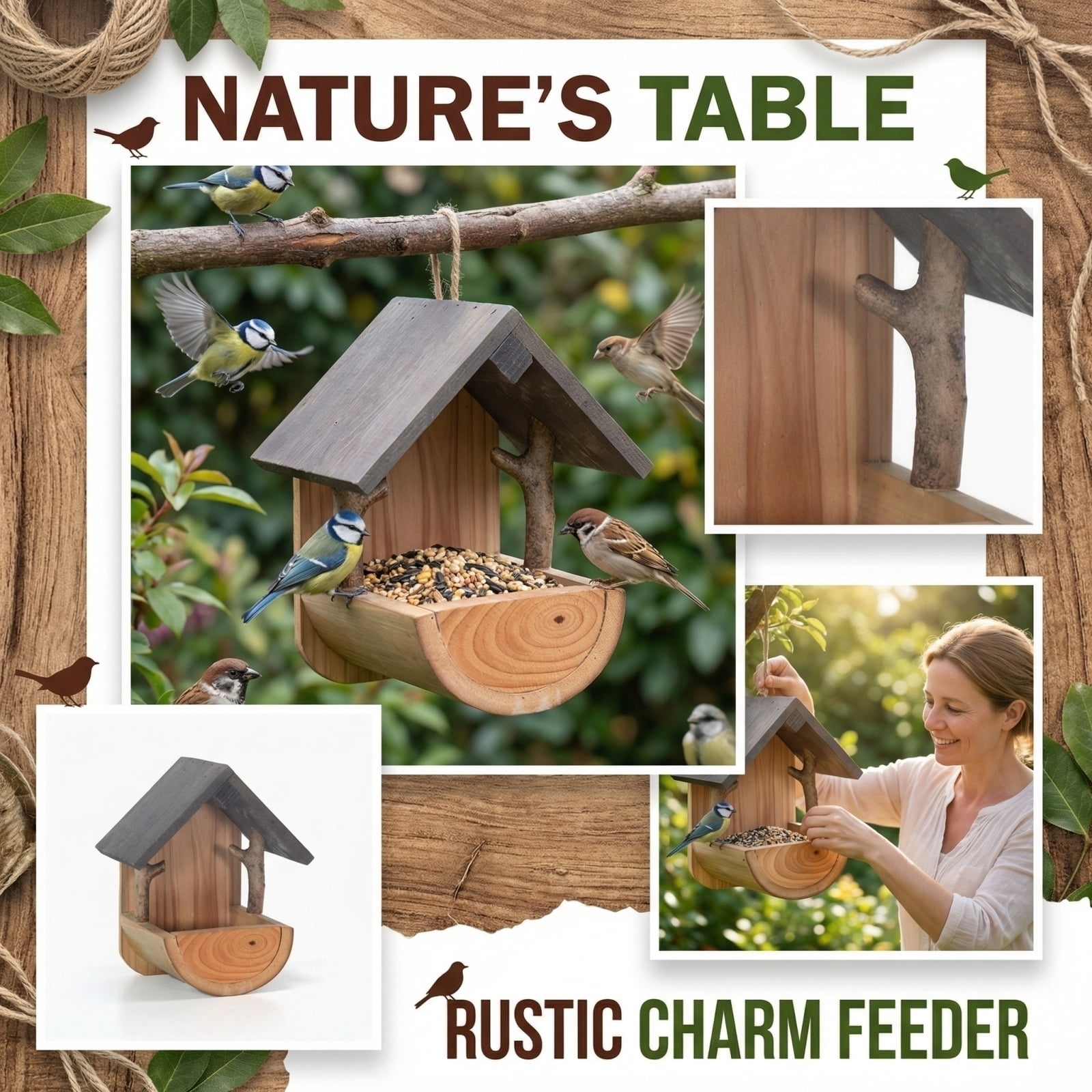Wooden Bird Feeder Wall Mounted, Large Capacity Outdoor Hanging Bird Feeder with Rear Mounting Hole for Patio Yard, Decorative Wood Bird House Garden Ornament