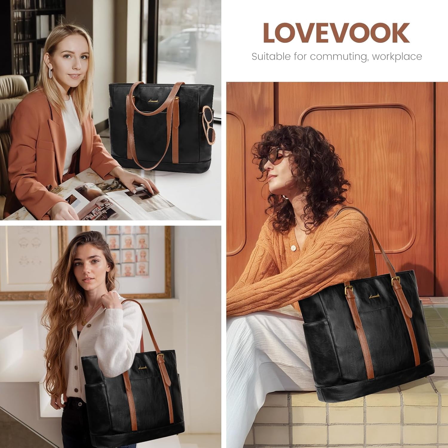 LOVEVOOK Laptop Tote Bag for Women,Vintage Leather Work Tote Bag for Women, 15.6 Inch Computer Briefcase Bag,Waterproof Teacher Business Office