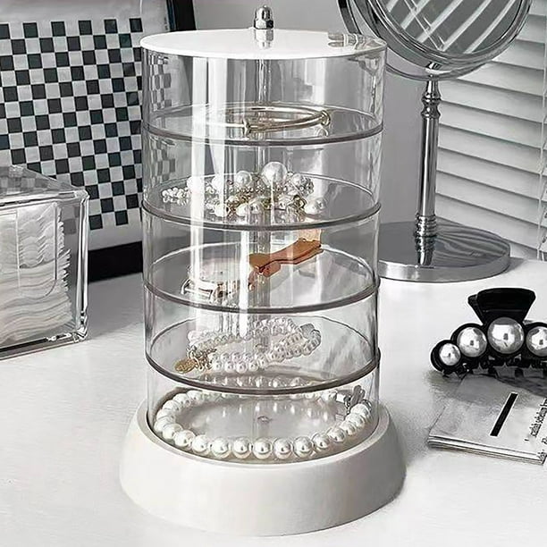 Organizador de joyas giratorio transparente | Almacenamiento de 5 niveles para anillos y aretes | Porta pinzas para el cabello y accesorios | Organizador compacto de tocador | Diseño transparente
