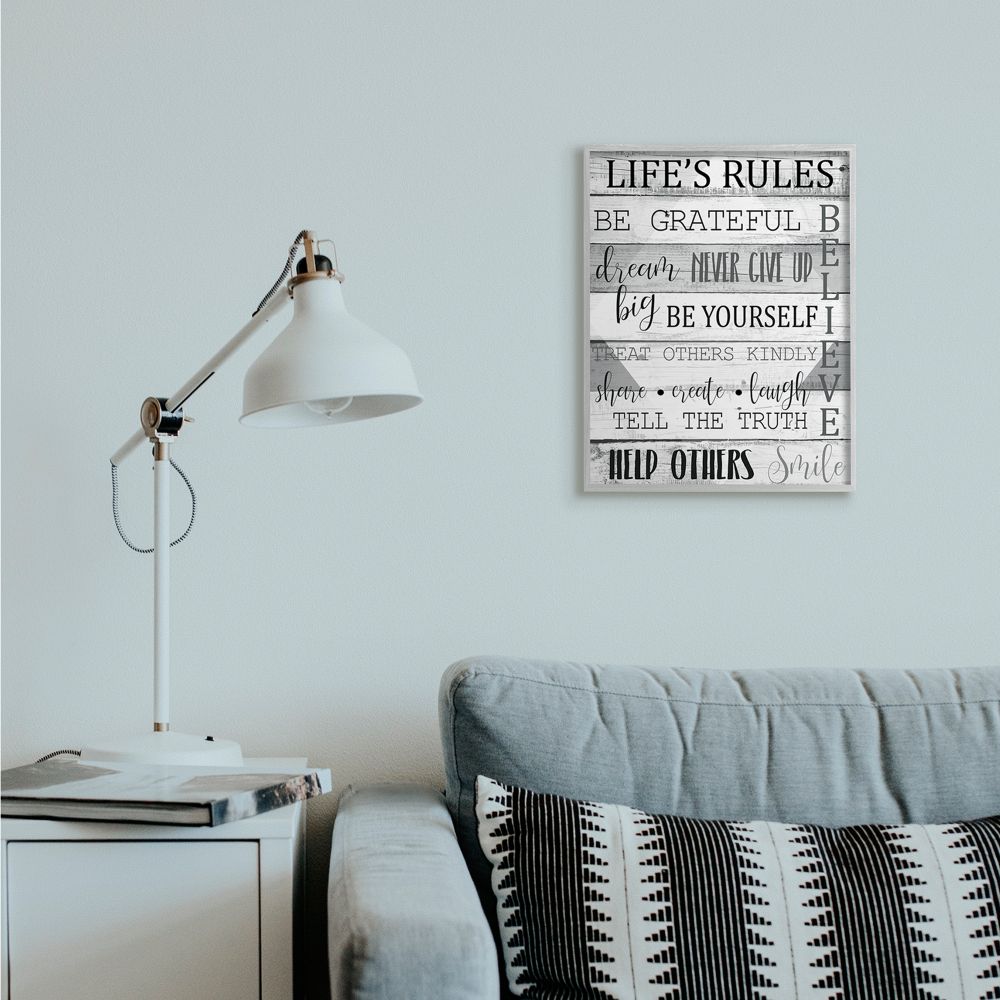 Stupell Industries Life's Rules Phrases on Wood Grain Black White Word Design Framed Wall Art Design by Kim Allen, 16" x 20", Gray Framed