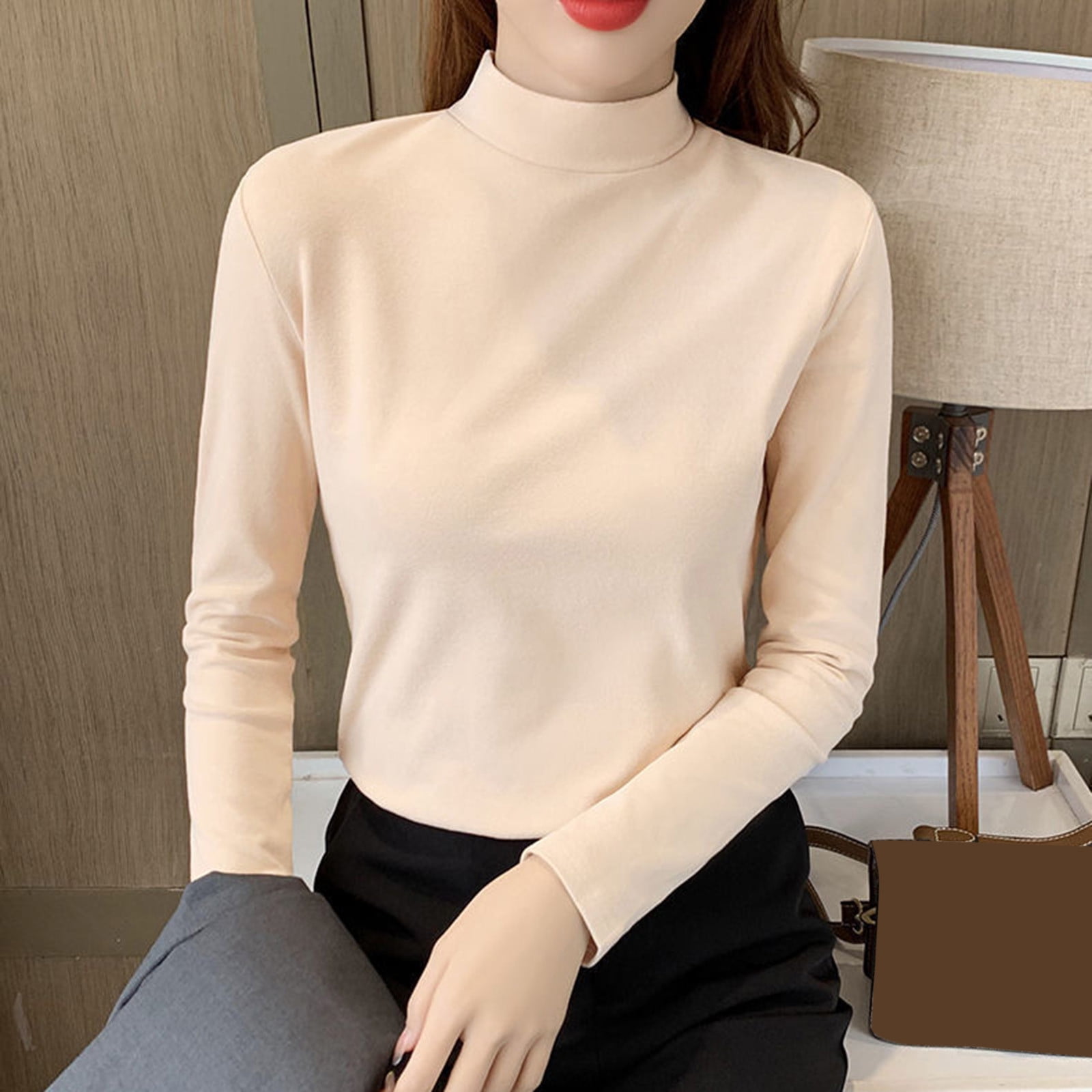 WTXUE Base Layers Long Sleeve, Mock Neck Women Slim Solid Mock Turtleneck Blouse Slim Stretchy Layer Tee Shirts Solid Casual Tops for Women