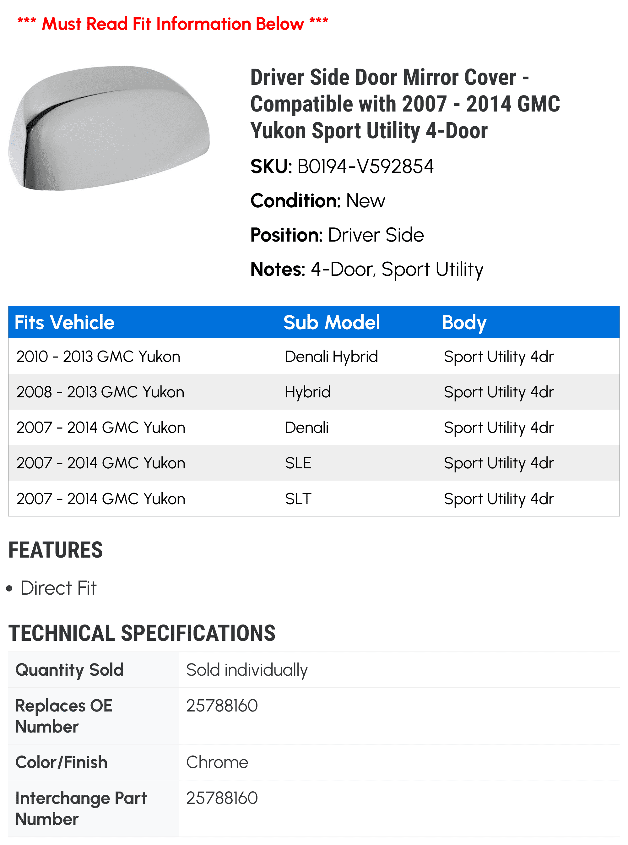 Driver Side Door Mirror Cover - Compatible with 2007 - 2014 GMC Yukon Sport Utility 4-Door 2008 2009 2010 2011 2012 2013
