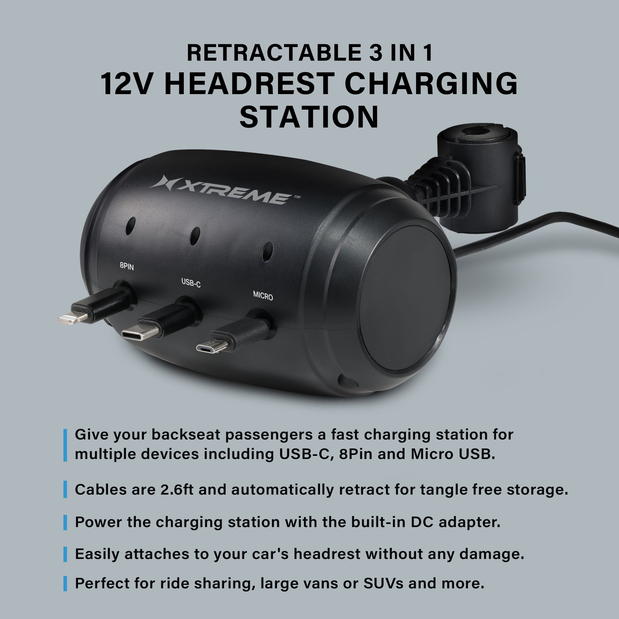 Xtreme Power 30W Retractable 3-in-1 12V Headrest Charging Station – USB-C, 8PIN & Micro, Automatic Cable Management, Car Charger for Backseat Passengers, Ride Sharing, SUVs & Vans, Pro Series,