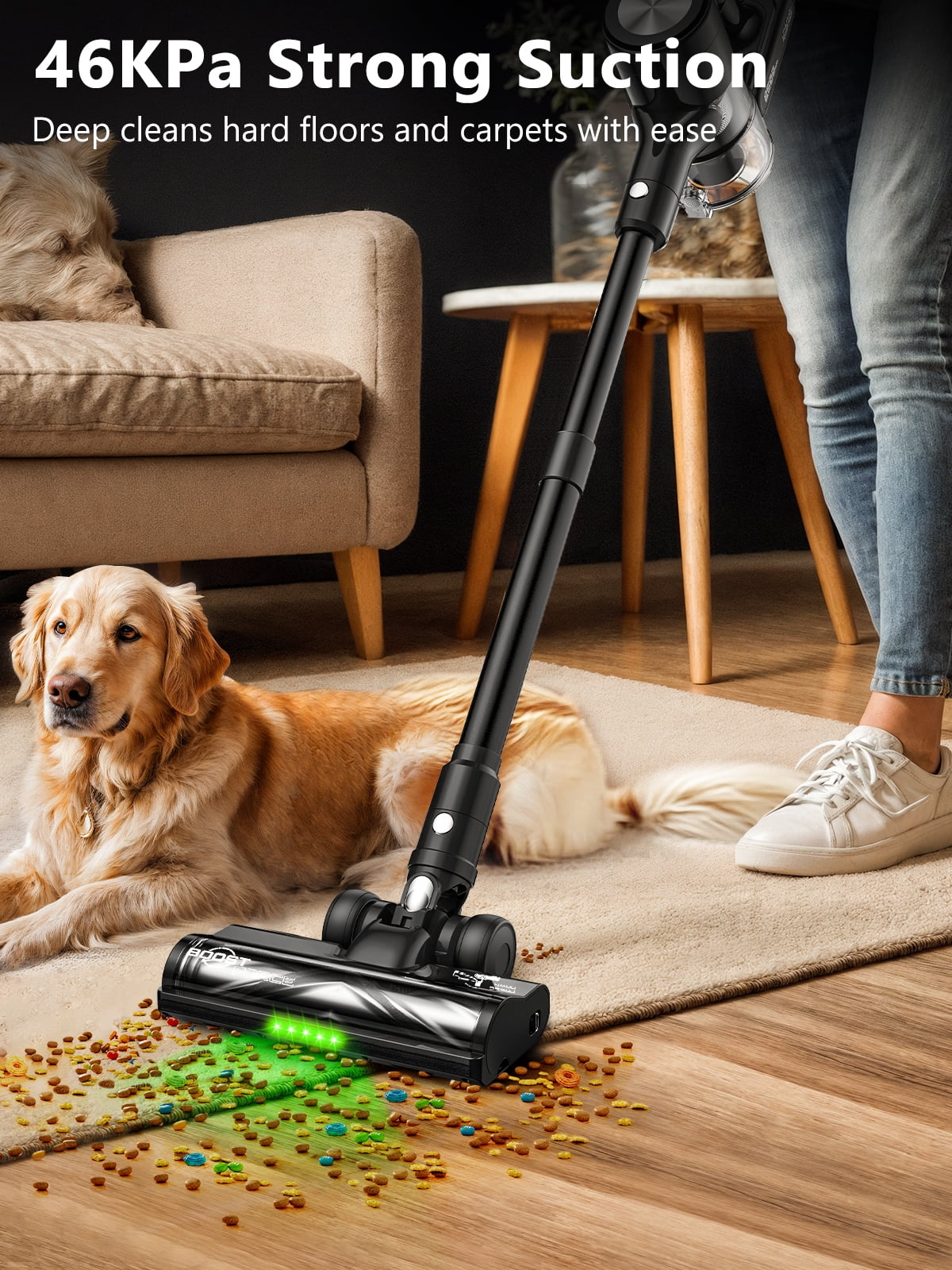 H28 Cordless Stick Vacuum Cleaner, 500W Brushless Motor, Self-Standing, Wall Charging, 55 Min Runtime, Lightweight for Hard Floors & Carpets, Black