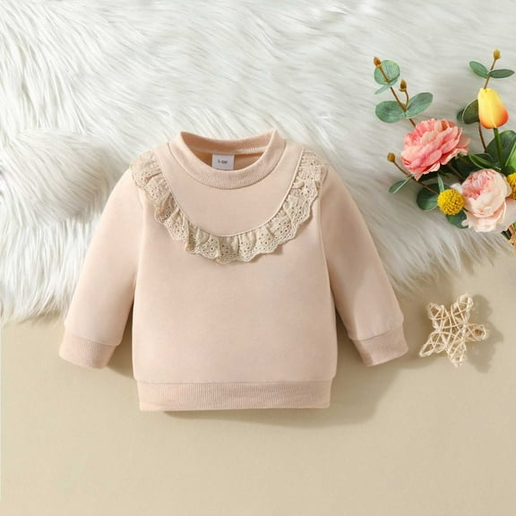 Bnwani Long Sleeve Toddler Shirts Plain Cotton Crew Neck Fashion Solid Lace Tops 0-6 Months