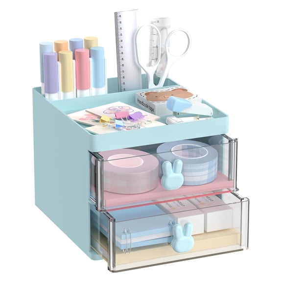 INTIGE Desk Organizer with 2 Drawers, Multi-Functional Pencil Pen Holder for Desk Storage with 3 Compartments, Mini Cute Desk Accessories, Blue