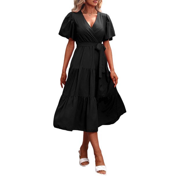VISgogo Vestido Midi Elegante de Verano para Mujer, Vestido de Manga Corta con Cuello en V de Color Sólido con Cinturón para Fiesta en la Playa VISgogo moda