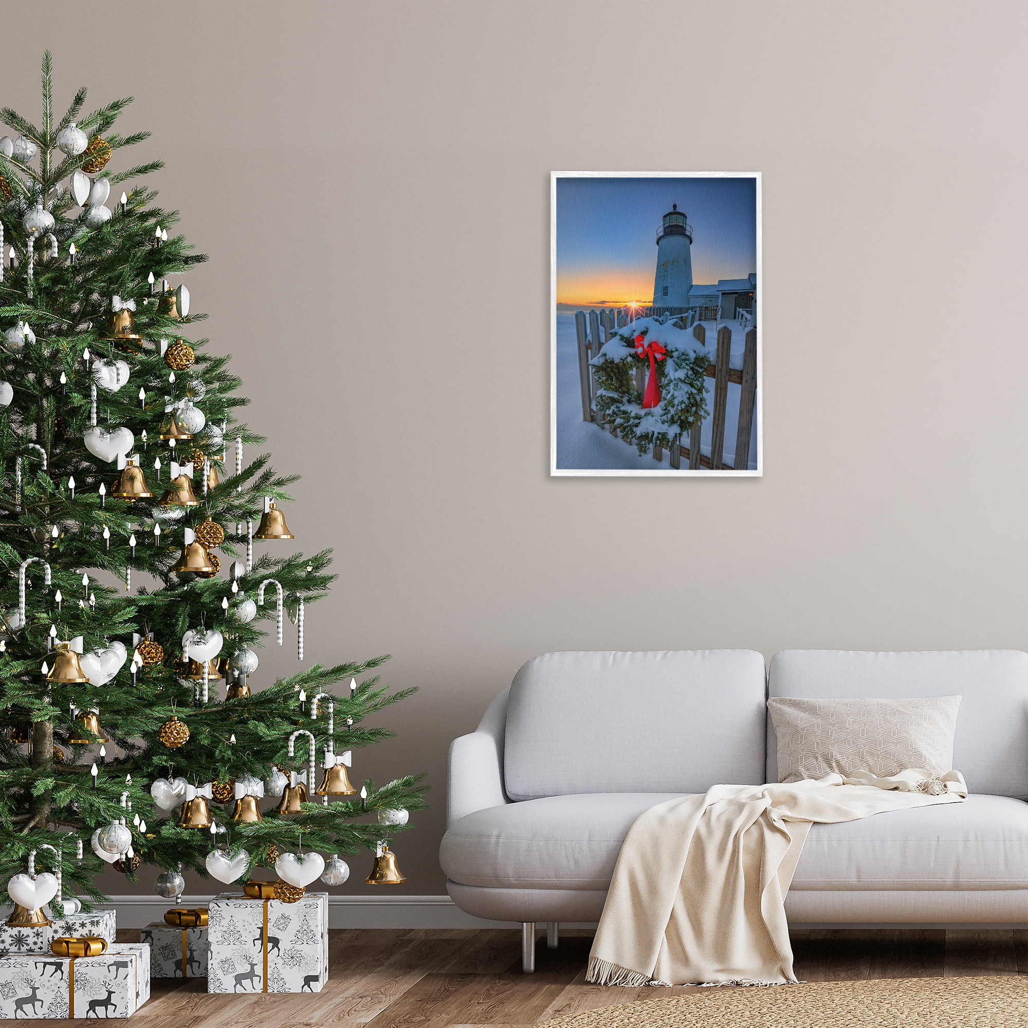 Stupell Industries Christmas Beach Lifehouse Holiday Painting White Framed Art Prints Wall Art, 20 x 30