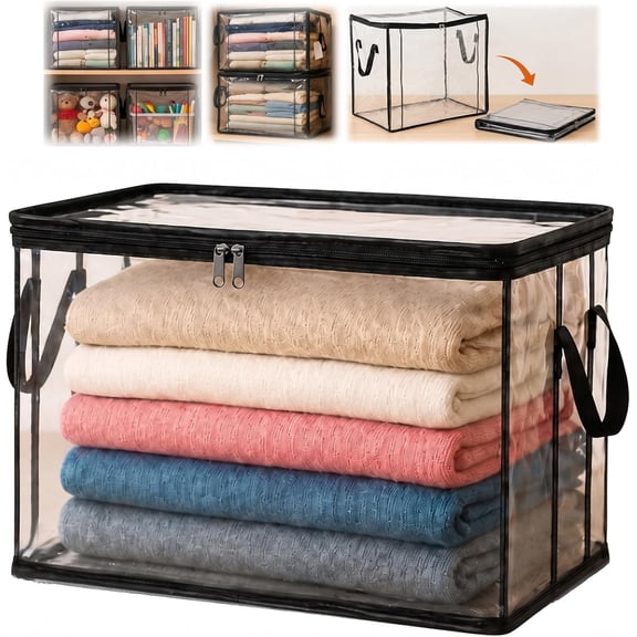 Extra Large Clear Pvc Storage Bags with Zipper Handles Heavy Duty Thick Plastic Clear Storage Bins for Clothes Blankets Toys Moving Foldable Closet Organizer Storage Containers (3, Black, L)