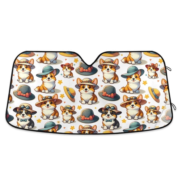 Cute Corgi Dog with Hat Car Windshield Sun Shade Foldable Car Front Window Visor Heat and UV Protection 53x23.5