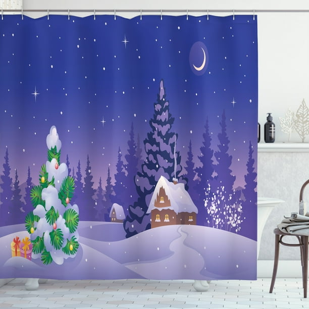 Log Cabin Shower Curtain, Winter Theme Image of a Rustic Cabin and Firs