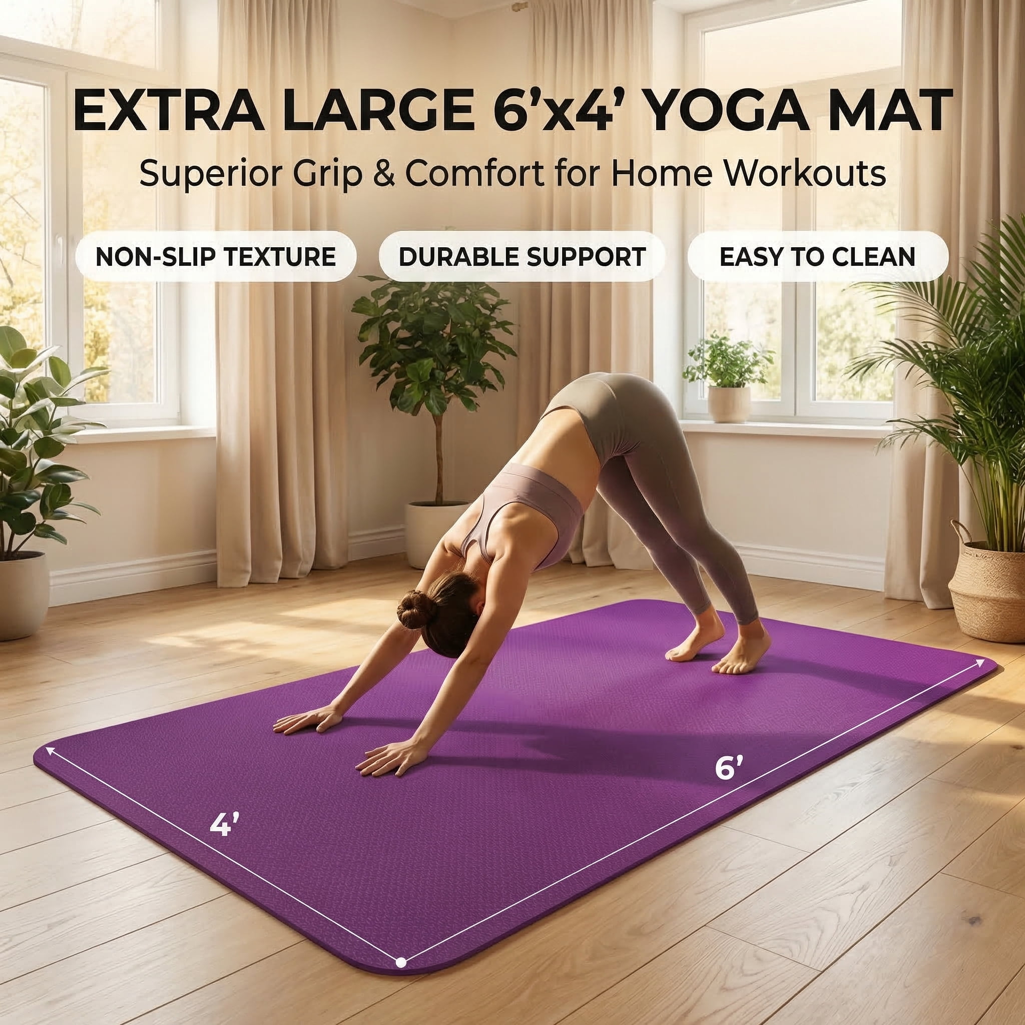 FrenzyBird Large Yoga Mat 6'x4' (72"x48") 183x122cm, 1/4" & 1/3" Thick TPE Non-Slip Extra Wide Exercise Mat, Big Home Workout Mat for Yoga, Pilates, Gym & Floor Workouts for Women & Men（6mm Purple）
